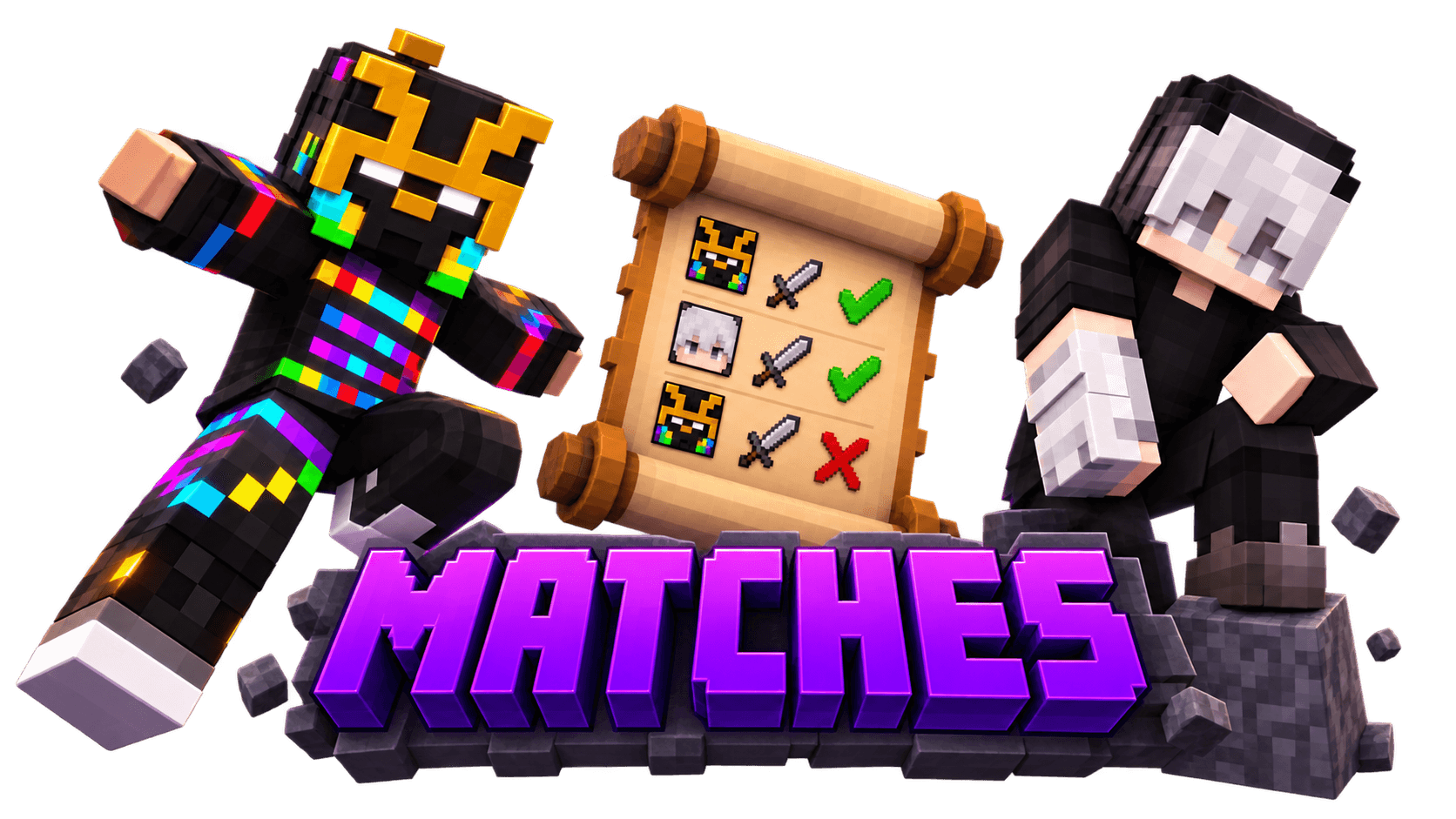 Minecraft players beside a scroll of match results above the Matches title